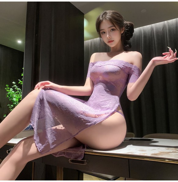 FEE ET MOI - Sheer Rose Off-Shoulder Cheongsam (Purple)